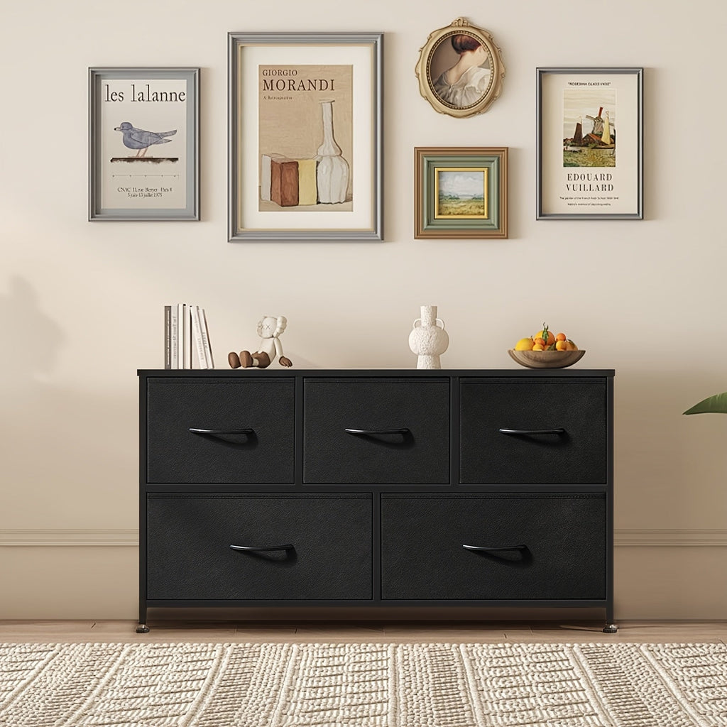 5-Drawer Lateral File Cabinet with Metal Frame & Wooden Top – Industrial Office Storage Organizer, 3 Upper + 2 Lower Drawers, Open Storage, Fits TV up to 45” – Black & Grey