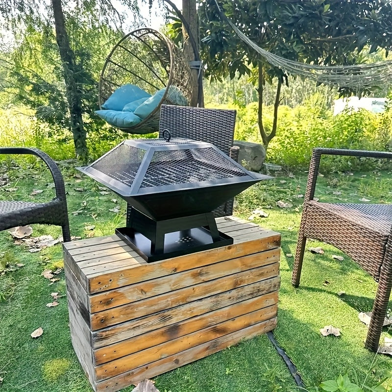Outdoor Fire Pit 18.5 Inch Heavy-Duty Wood Burning Bowl with BBQ Grill Grate, Ash Collector, Fireproof Cover & Charcoal Hook – Backyard Patio Heater for Camping, Picnics & Outdoor Gatherings