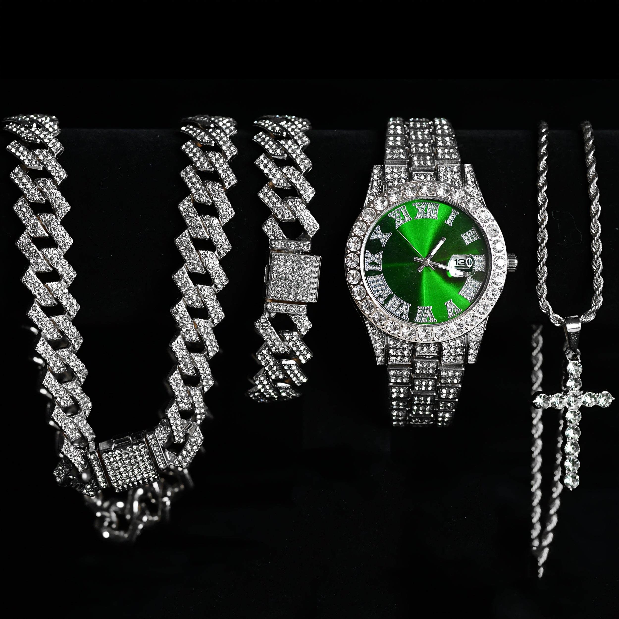 Luxury Cuban Link Jewelry Set for Men & Women – 4-Piece Necklace Bracelet Pendant Wristwatch Full Set 12 Color Options Silver Gold Pink Green Blue Hip Hop Bling Valentine's Day Christmas Gift