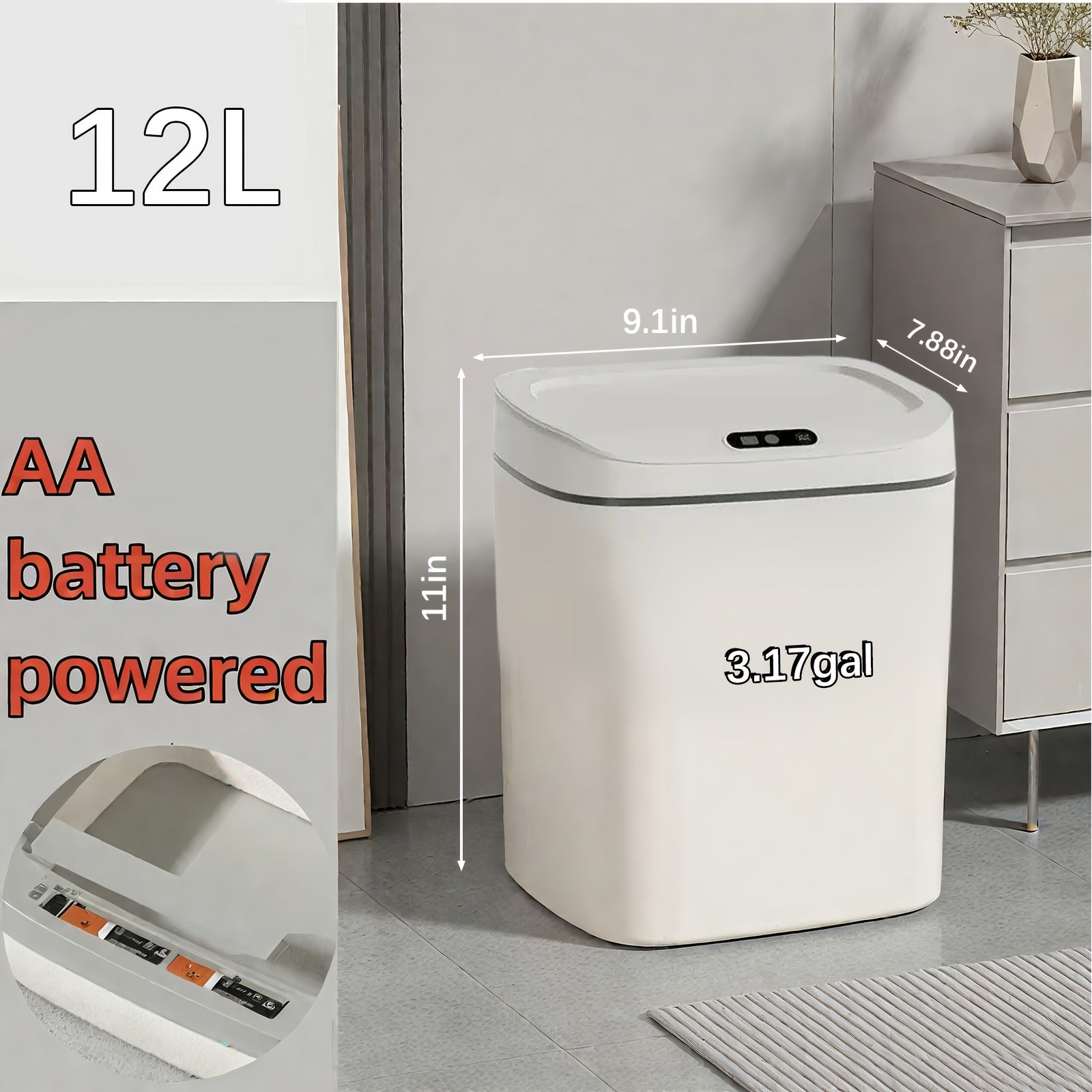 Touchless Smart Trash Can with Motion Sensor, 2.91 & 4.49 Gallon, Auto-Open Silent Close Lid, Battery Operated, Stainless Steel Look, for Kitchen, Bathroom, Office, Bedroom, RV & Home Use