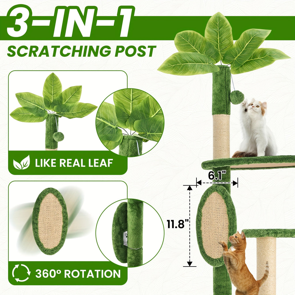 55 Inch Cat Tree for Indoor Cats with Green Leaves – Multi-Level Large Cat Tower with Hammock Sisal Scratching Posts Hanging Ball Toy Cat Furniture for Living Room Bedroom