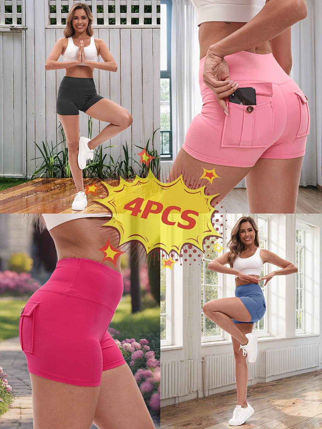 Women's Yoga Shorts 4 Pack High-Stretch Hip Lifting Quick-Dry – Fitness Athletic Shorts with Elastic Waist & 2 Pockets for Gym Running Pilates, Solid Color Set S-XXL
