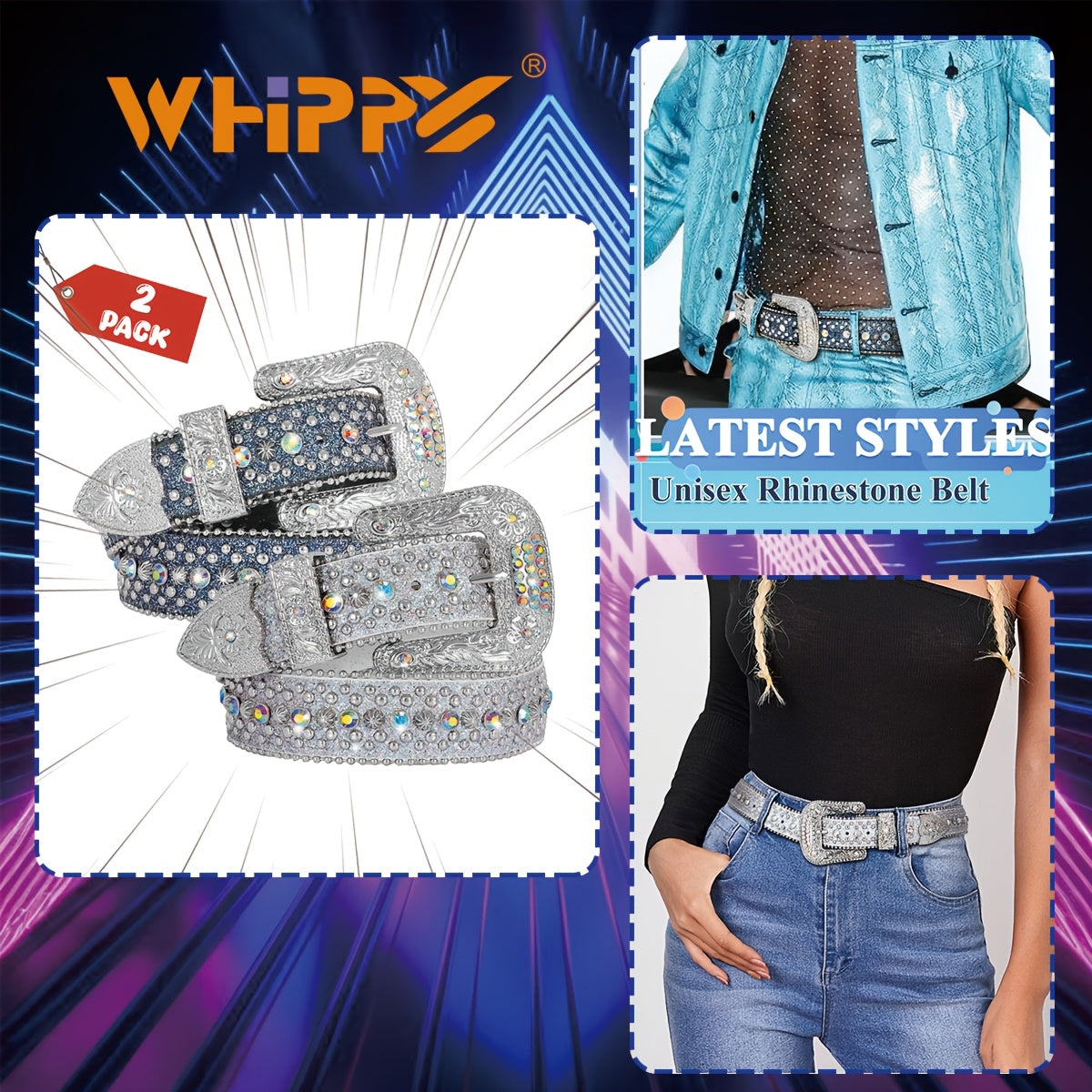 Rhinestone Belt Unisex Western Cowgirl Bling Faux Leather Removable Buckle – Sparkling Adjustable Waist Belt for Women Men 13 Colors Sizes S-XL Party Festival Halloween Christmas Gift