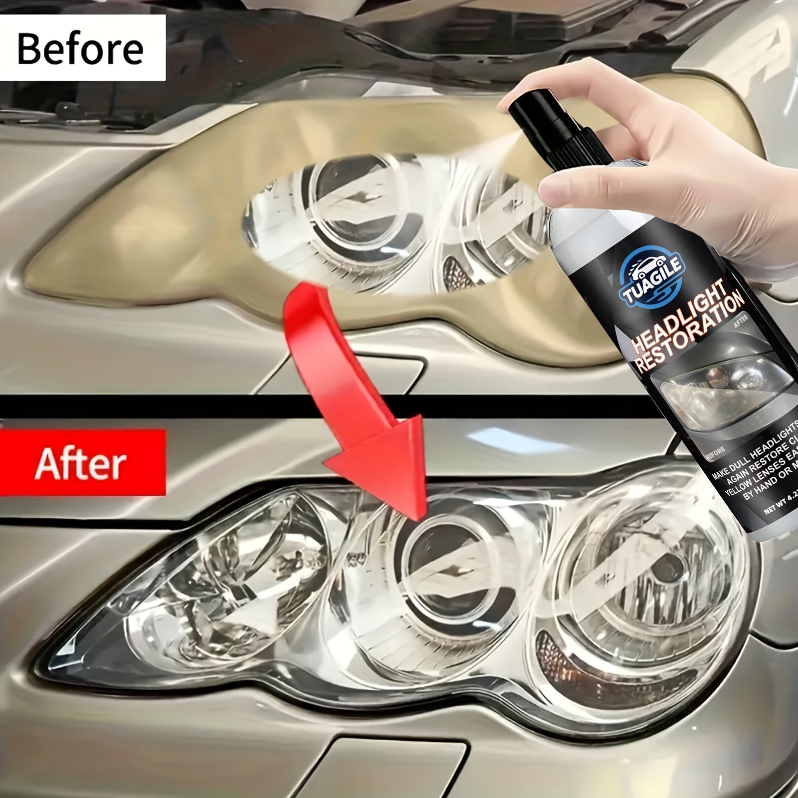 Headlight Restoration Kit UV Protective Coating Spray – Chemical Formula Removes Yellowing Oxidation & Haze, Restores Foggy Cloudy Headlights to Crystal Clear Brightness for All Cars