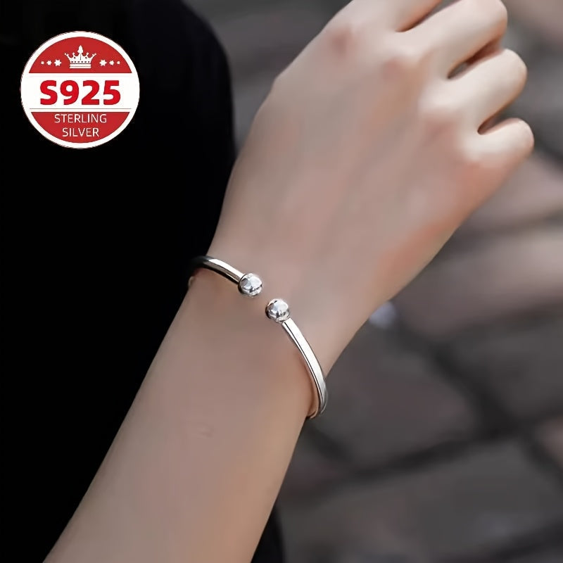 S925 Sterling Silver Pearlescent Open Bangle Bracelet Set 2pcs for Women – Hypoallergenic Adjustable Cuff Bracelet Elegant Jewelry Gift for Valentine's Day Mother's Day Birthday