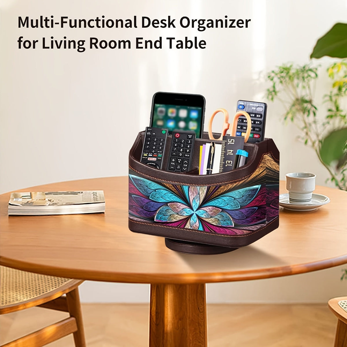 360 Swivel Remote Control Holder 5-Compartment PU Leather Desk Organizer for TV Remotes Phones Eyeglasses Pens Rotating Desktop Storage Caddy