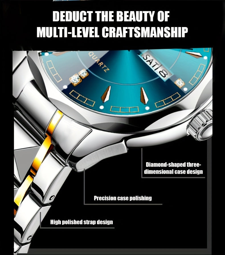 RUIGE Men's Fashion Quartz Watch – Night Light, Dual Calendar, Diamond Shaped Mirror Dial, Stainless Steel Case, Alloy Strap, Business Casual Wristwatch, Perfect Father's Day Gift for Men