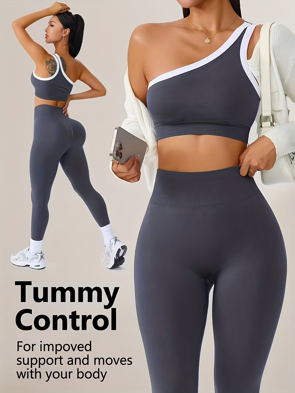Women's Butt Lifting Leggings & Sports Bra Set 2 Piece High-Waisted 90% Polyamide – Stretchy Minimalist Yoga Running Workout Outfit with Camisole Top, 6 Colors S-XL