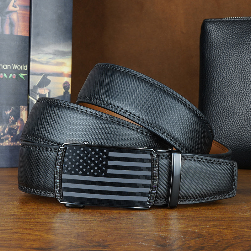 Set of 2 Men's Split Leather Ratchet Belts – American Flag Design with Automatic Slide Alloy Buckle, Adjustable Golf & Casual Dress Belts in Black & Brown, Sizes 110cm to 130cm (Waist 30"-44")