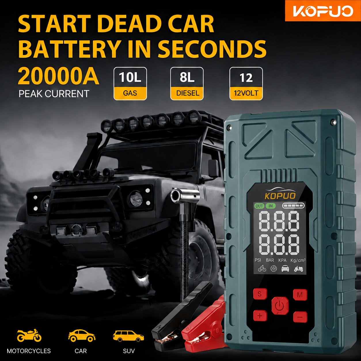 Portable Car Jump Starter with Air Compressor 20000A Peak 7 in 1 Battery Booster Pack 150PSI Tire Inflator Power Bank LED Light LCD Display Safety Hammer 12V Emergency Roadside Kit Car SUV Truck