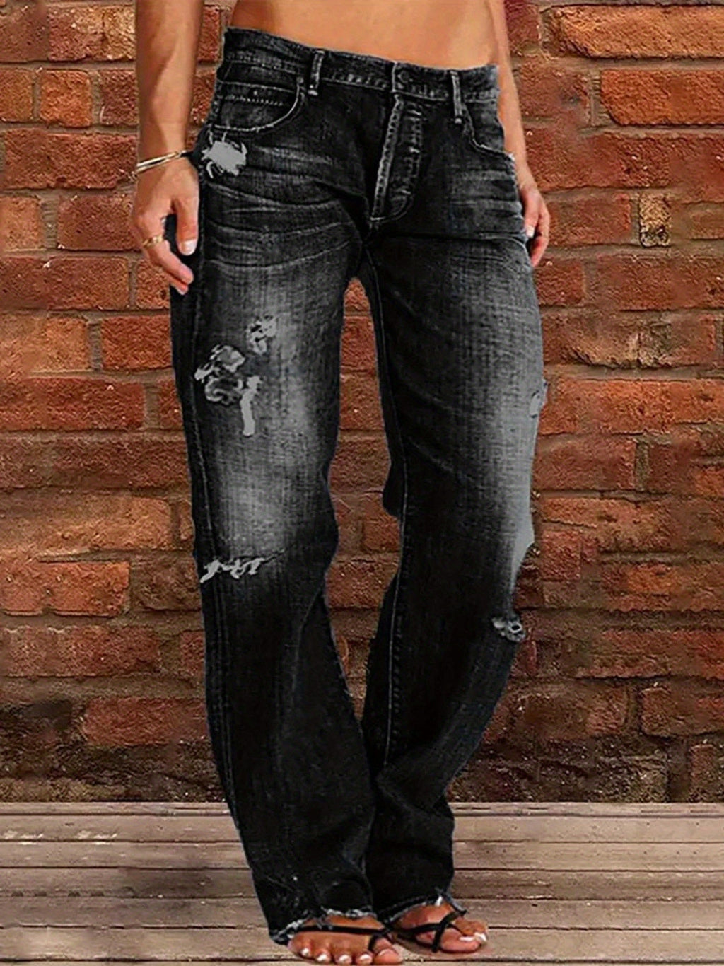 Ripped Flare Wide Leg Jeans Women Distressed Stretch Denim Fashion Streetwear Casual Pants Light Blue Dark Blue XS-XXL