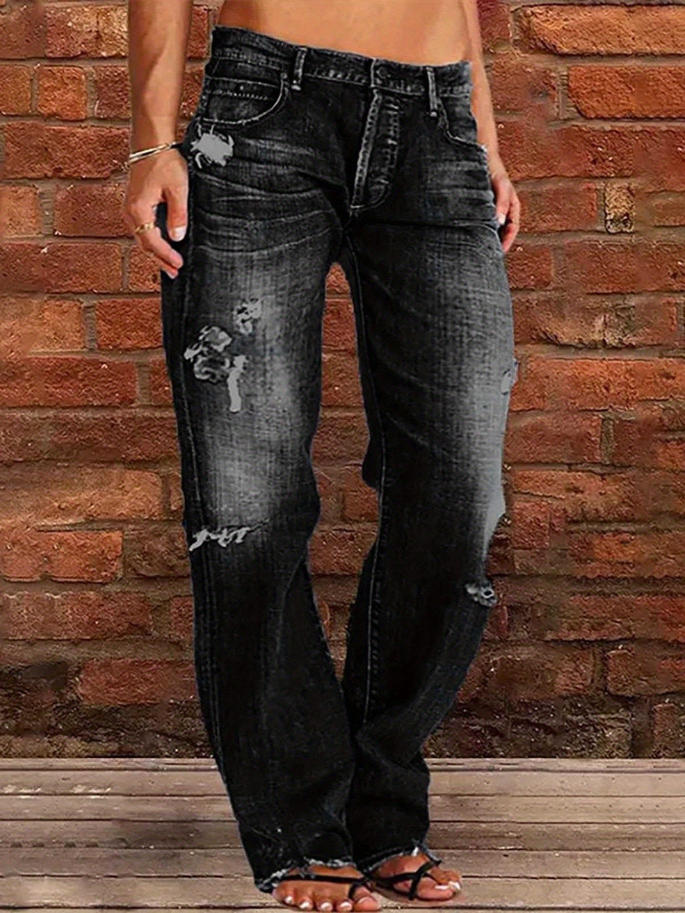 Ripped Flare Wide Leg Jeans Women Distressed Stretch Denim Fashion Streetwear Casual Pants Light Blue Dark Blue XS-XXL