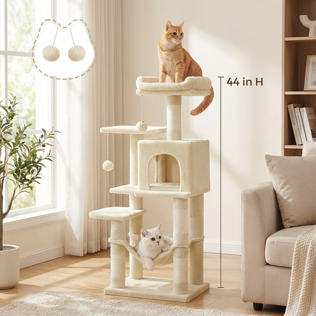Cat Tree Tower 44 or 66 Inch Multi-Level Hammock Cozy Cave 4 Sisal Posts 2 Perches Anti-Tilt 10-Min Assembly Indoor Cats Kittens Multi-Cat Dark Gray Light Gray White Beige