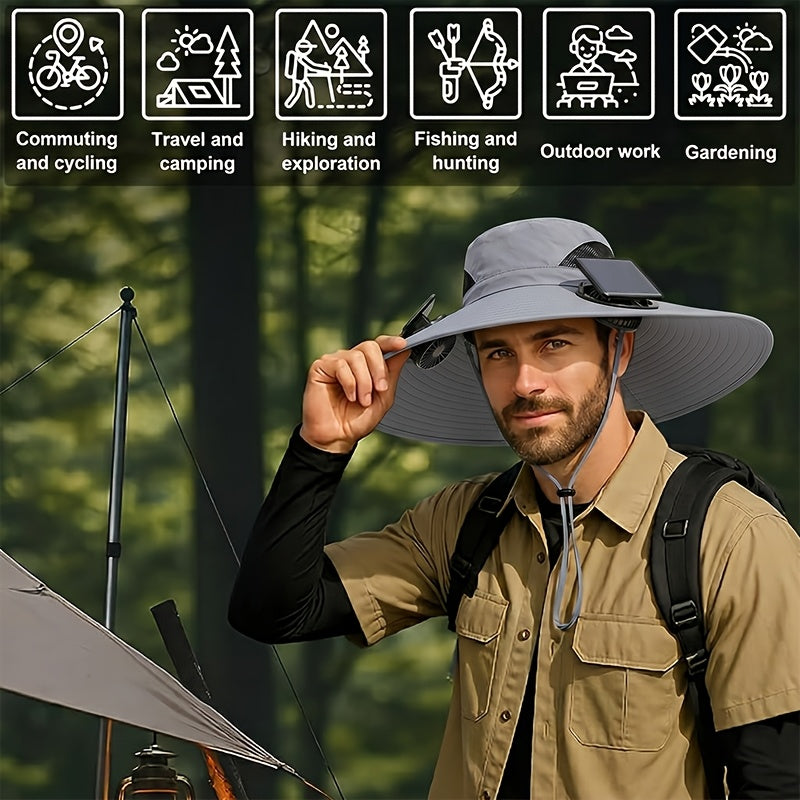 Solar Powered Cooling Fan Wide Brim Sun Hat with 2 Built-In Solar Fans – Adjustable Wind Speed Breathable Mesh UV Protection Outdoor Hat with Chin Strap for Fishing Camping & Hiking