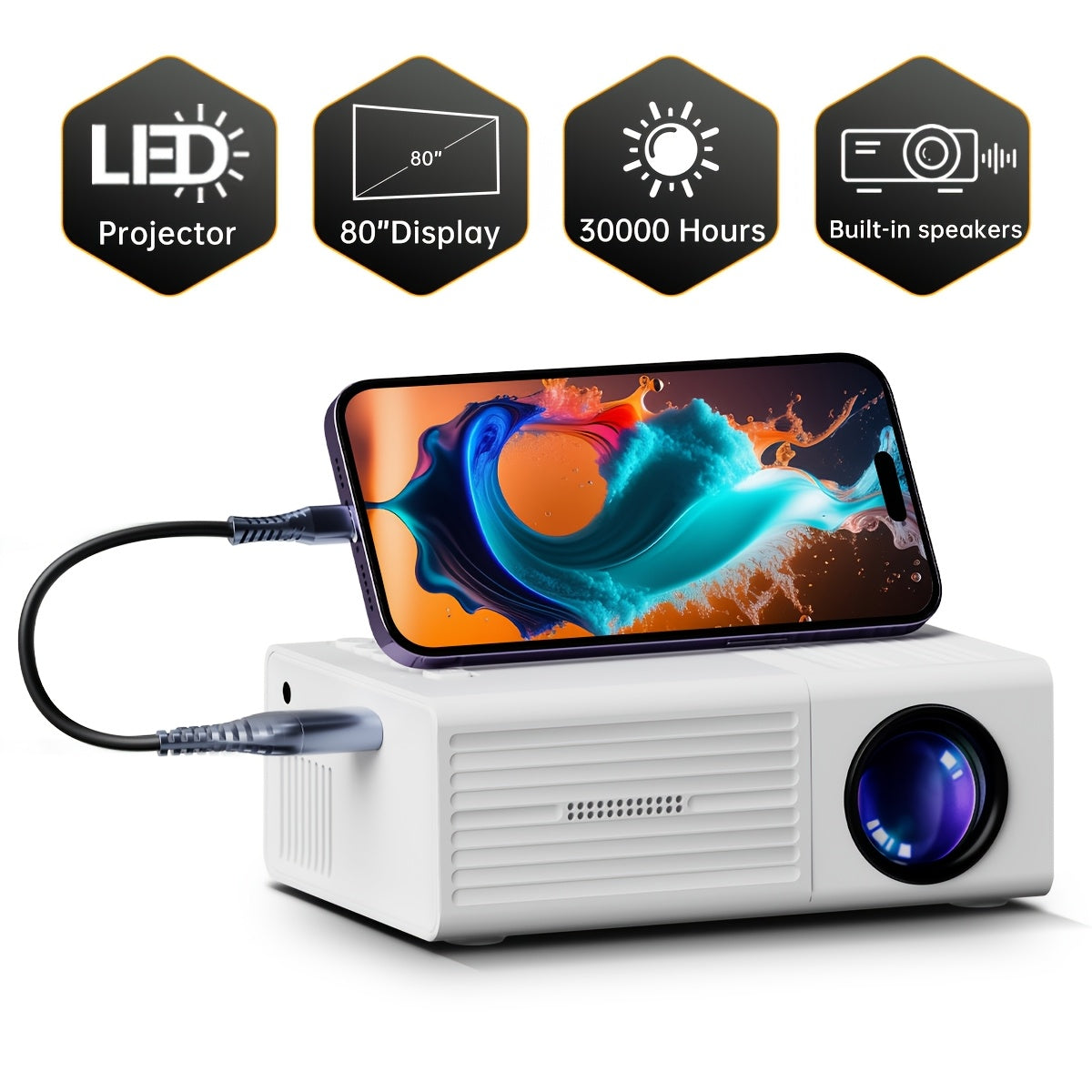 Portable Projector 1080P Supported 1280x720 Native Resolution USB Plug-and-Play Wireless Remote Control Modern Style Home Theater Bedroom Outdoor Movie Projector