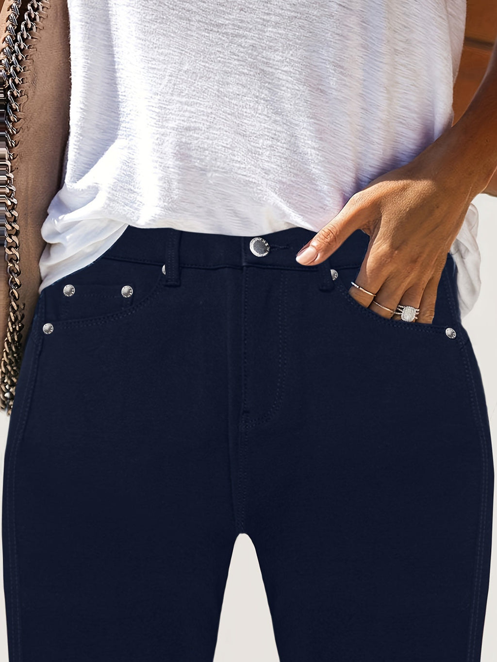 High Waist Stretch Skinny Jeans Women Metal Button Detail Street Style Slim Fit Denim Pants 10 Colors S-XXL