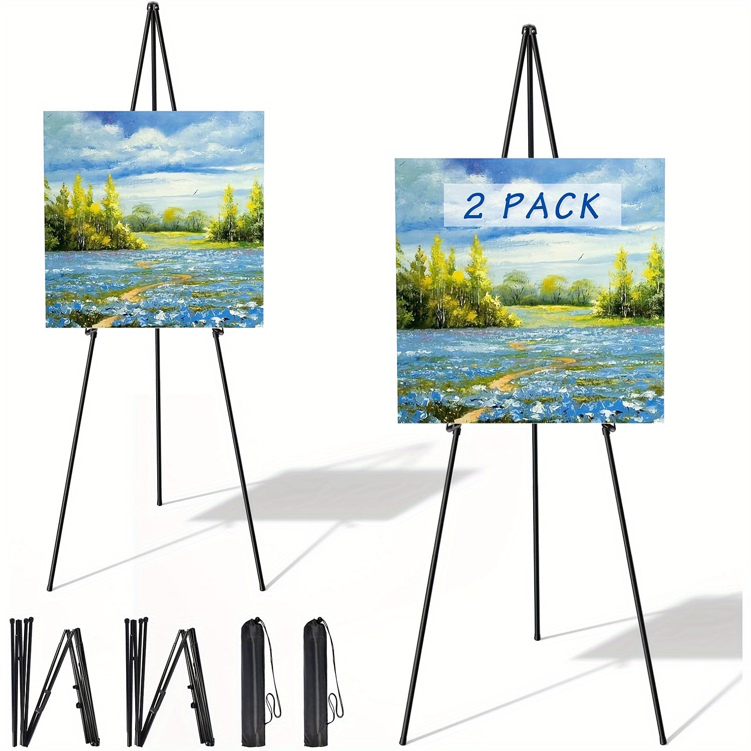63 Inch Portable Tripod Easel Stand Foldable with Carrying Bag – Adjustable Metal Floor Easel for Wedding Signs Art Posters Painting Trade Shows Events – Black White Gold Silver Pink Single 2-Pack 3-Pack