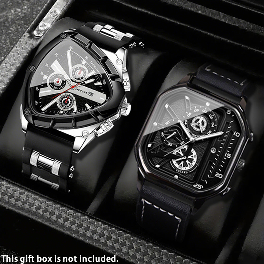 2pcs Men's Watch Set Sports Triangle Dial Silicone Strap and Retro Square Dial Quartz Watches with Date Display Dress Watch for Casual Valentine's Father's Day Gift