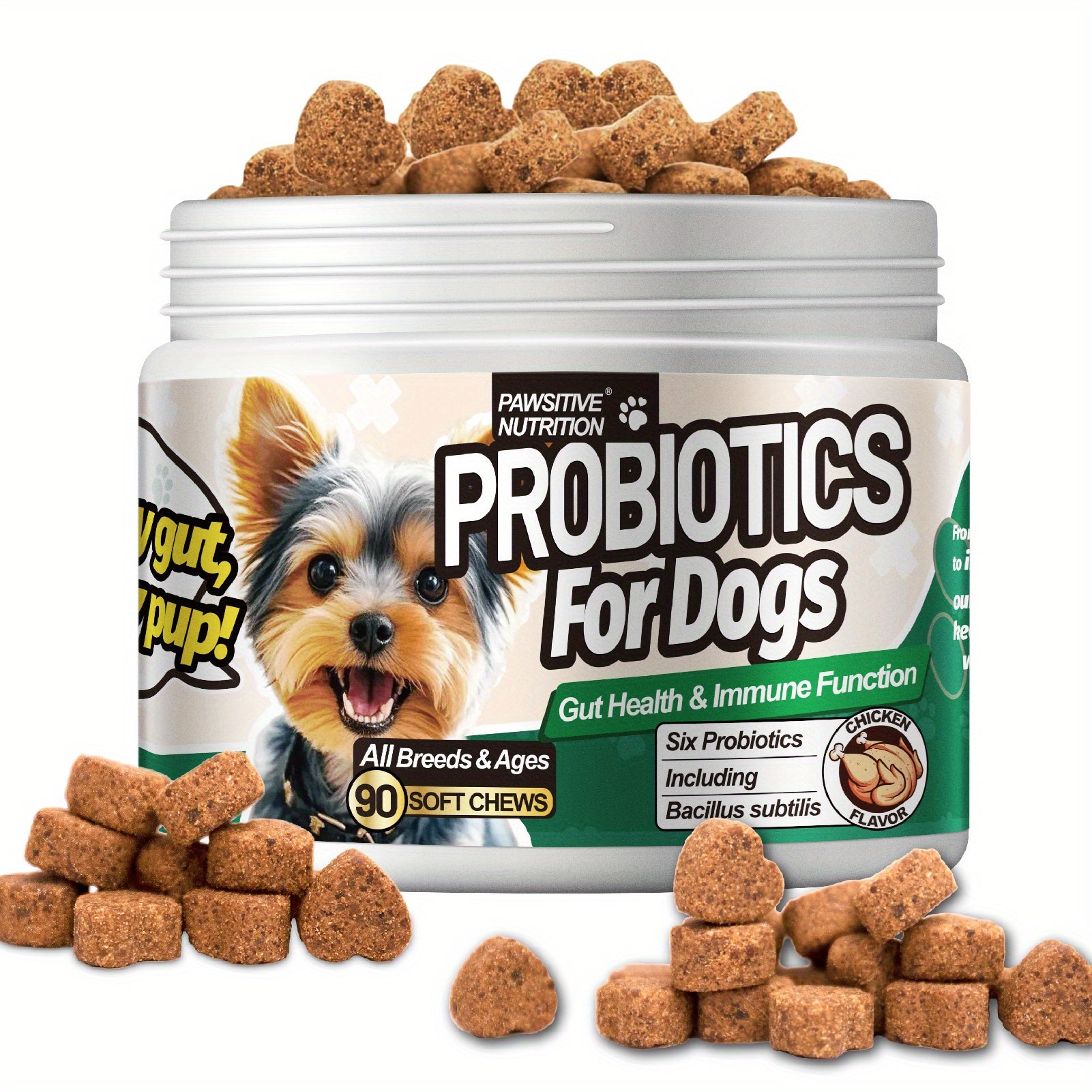 Dog Probiotic Soft Chews 90 Count Chicken Flavor Supports Gut Health Digestion Stool Quality All Breeds Daily Supplement 1 or 3 Bottle Pack