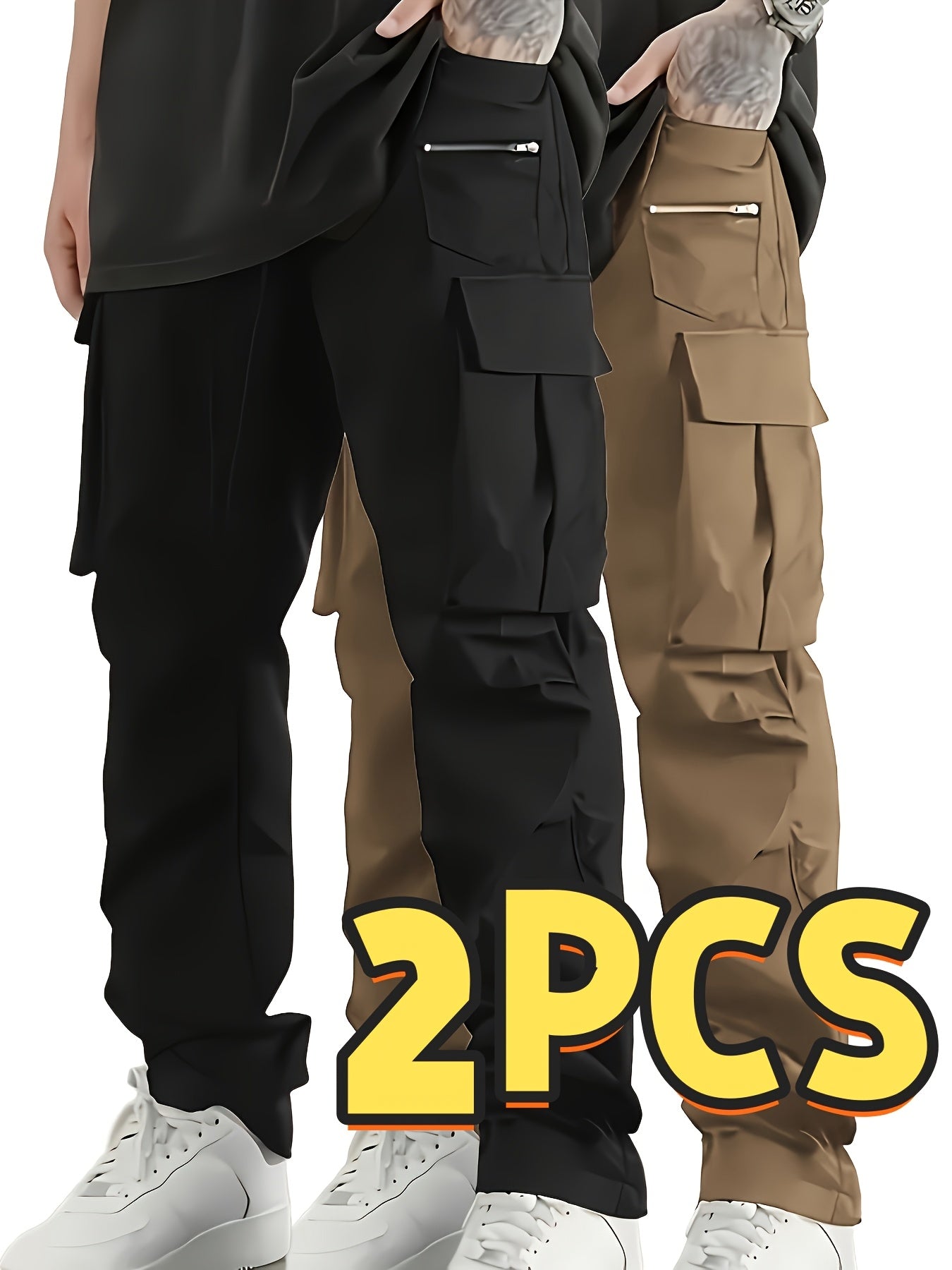 Men's Cargo Pants 2-Pack Multi-Pocket Elastic Waist Drawstring Hiking Trousers Breathable Loose Straight Fit All Season Black Khaki Dark Grey Sizes S-XXL