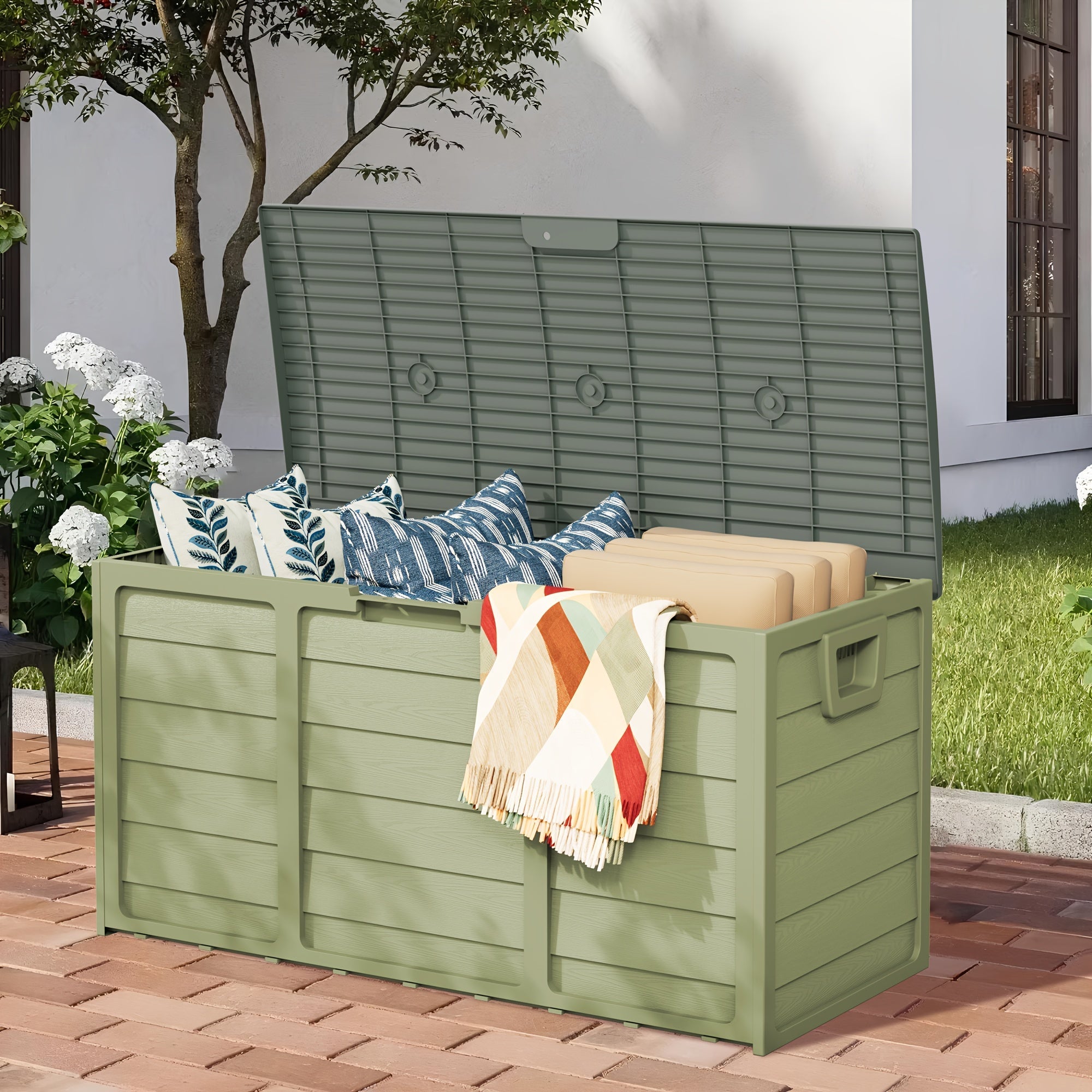 75 Gallon Resin Outdoor Storage Box with Handles Weatherproof Deck Box for Pool Accessories Garden Tools Patio Backyard