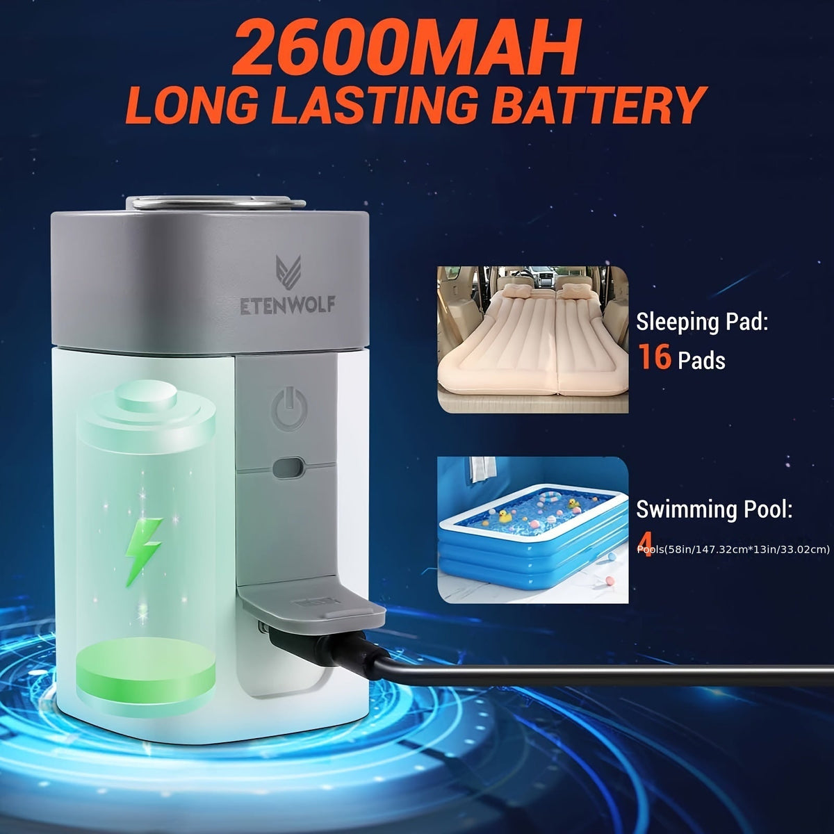 Portable Electric Air Pump 2600mAh USB Rechargeable – Fast Inflation for Air Mattress, Swimming Ring & Vacuum Storage Bags, Ultra Compact Pendant Design for Camping, Beach & Travel