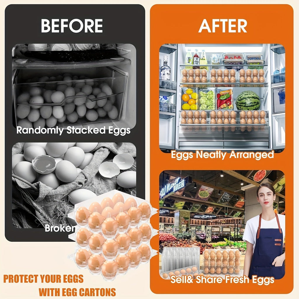 60-Pack Clear Plastic Egg Cartons 12-Cavity with Label Stickers – Bulk PET Egg Boxes for Home Kitchen, Ranch, Chicken Farm, Farmers Market & Refrigerator Storage, Holds Standard Dozen Eggs
