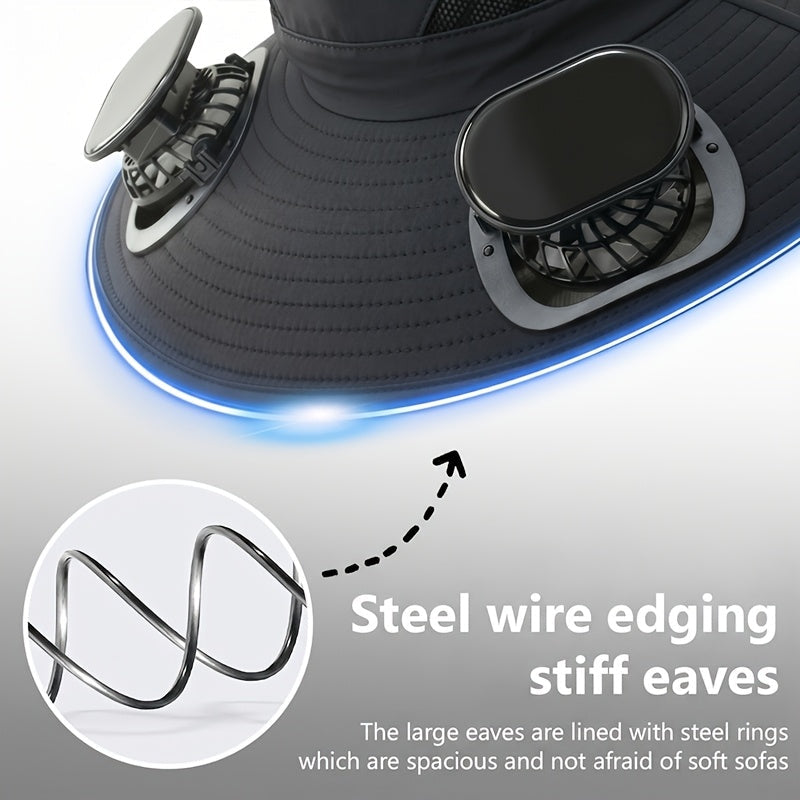 Solar Powered Fan Hat with USB Charging – Wide Brim Sun Protection Hat with Built-In Cooling Fan for Men, Lightweight Long Battery Life Outdoor Hat for Fishing, Hiking, Mountain Climbing & Daily Wear