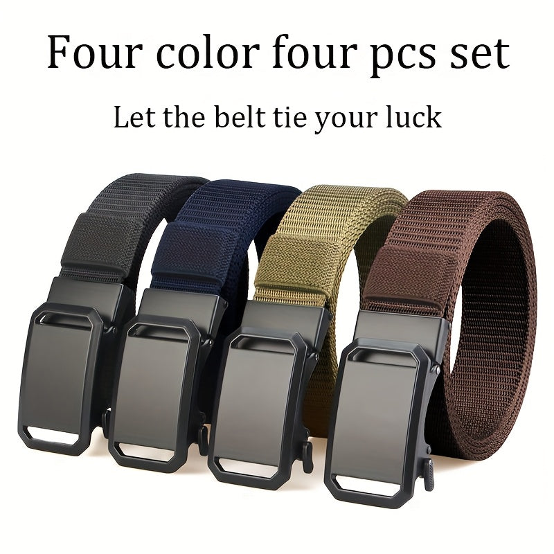 4pcs Nylon Belt Set Automatic Buckle Adjustable Unisex – Soft Durable Casual Dress Belts for Jeans Work Pants Skirts Men Women Multicolor Combo Black Blue Brown Gray Khaki Green