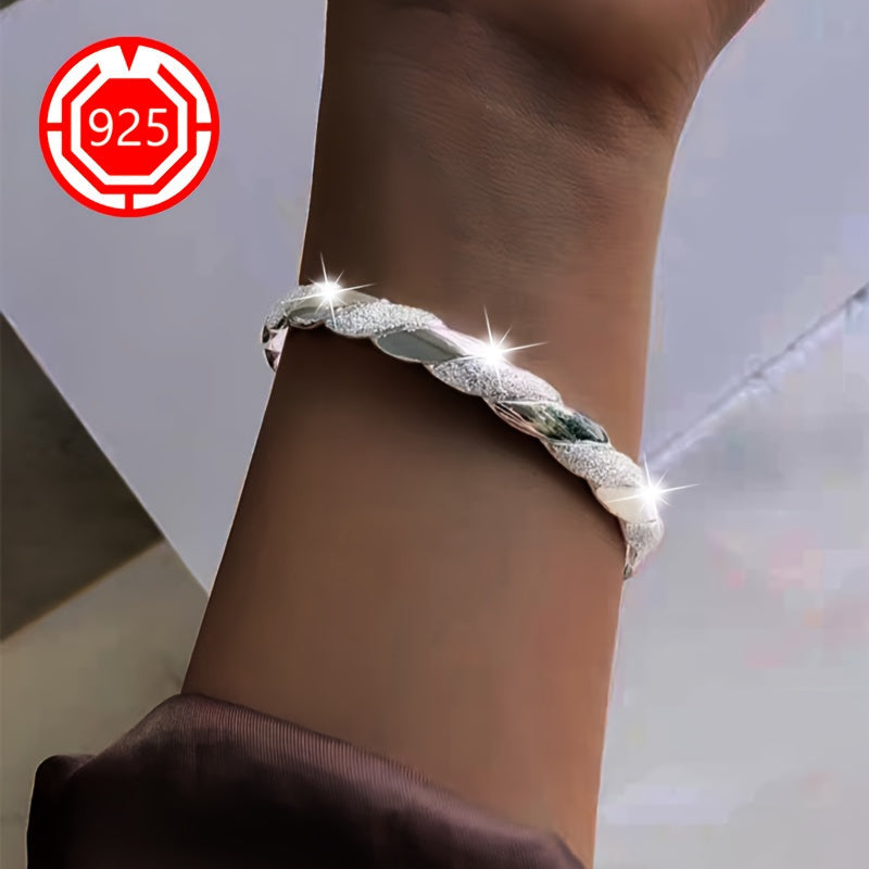 2-Pack 925 Sterling Silver Twisted Open Bangle Bracelet Set – Hypoallergenic Matte Finish Adjustable Stackable Cuff Elegant Silver Jewelry Gift for Women Daily Wear Holiday Christmas