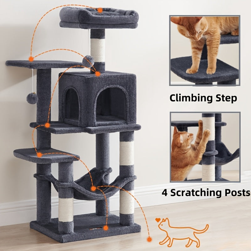 Cat Tree Tower 44 or 66 Inch Multi-Level Hammock Cozy Cave 4 Sisal Posts 2 Perches Anti-Tilt 10-Min Assembly Indoor Cats Kittens Multi-Cat Dark Gray Light Gray White Beige