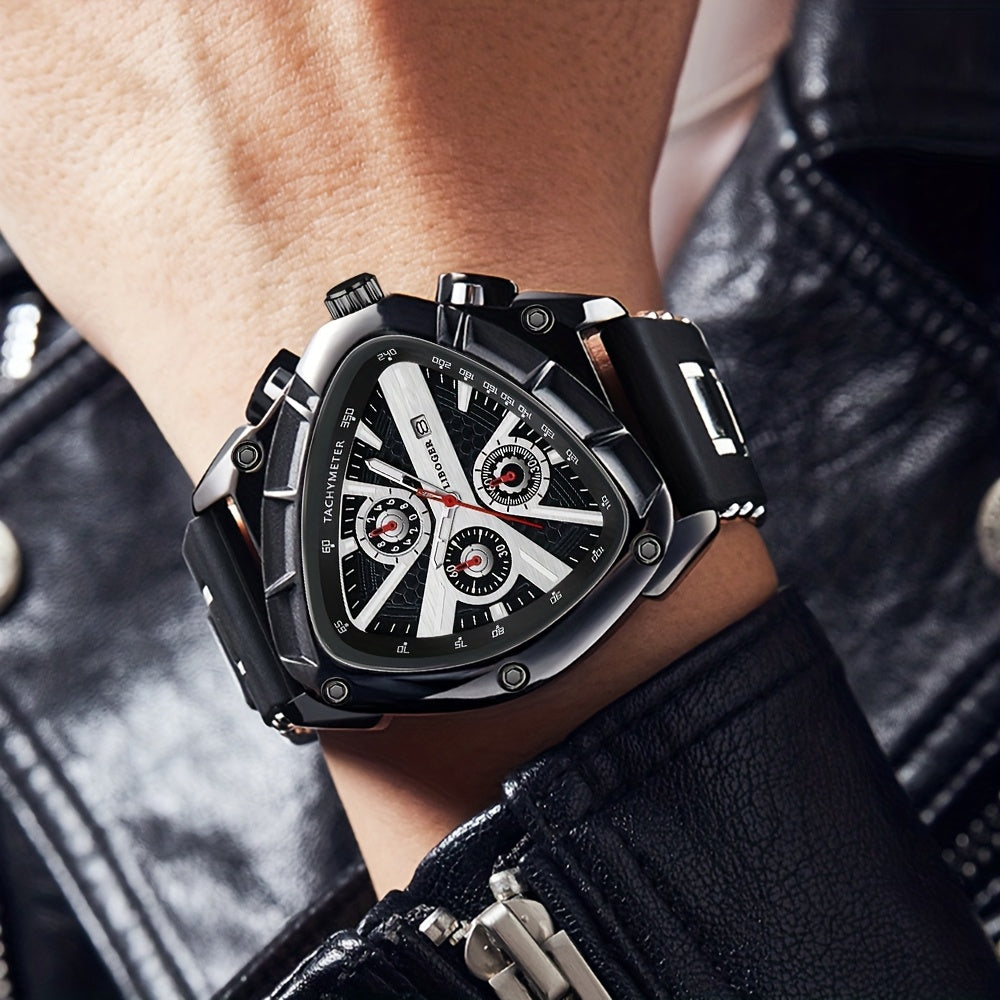 2pcs Men's Watch Set Sports Triangle Dial Silicone Strap and Retro Square Dial Quartz Watches with Date Display Dress Watch for Casual Valentine's Father's Day Gift
