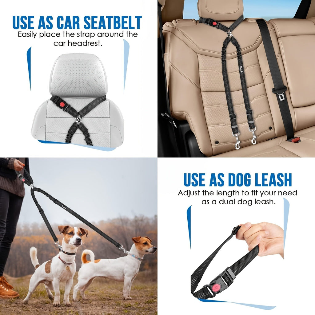 Dual Dog Car Seat Belt 2 Dogs Simultaneously No-Tangle Adjustable Bungee Headrest Clip Pet Safety Harness Small Medium Large Dogs Travel Black Red Rose Red