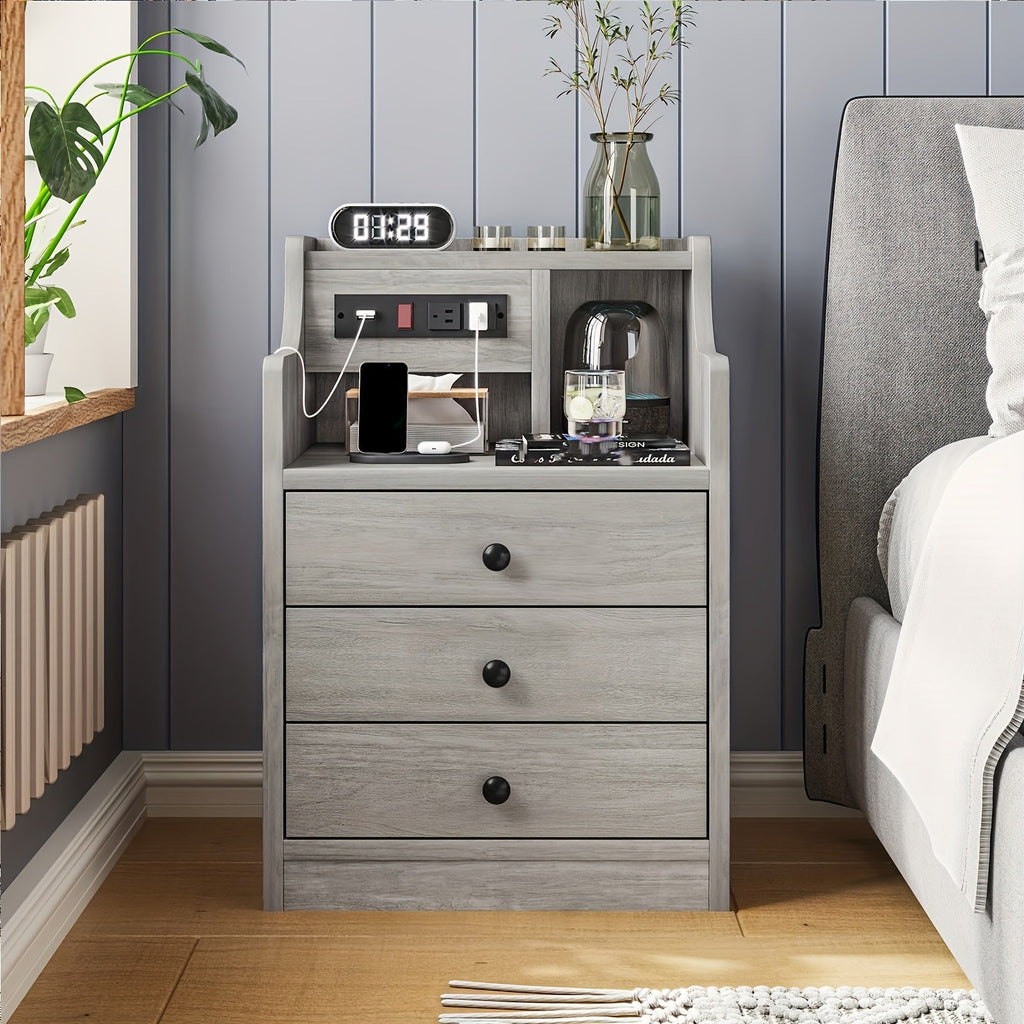 Nightstand with Charging Station 2 USB Ports 2 Outlets - 3 Drawers Hutch Bedroom End Table Sofa Side Table for Living Room Office Gray White 14x17.7x26.8 Inch