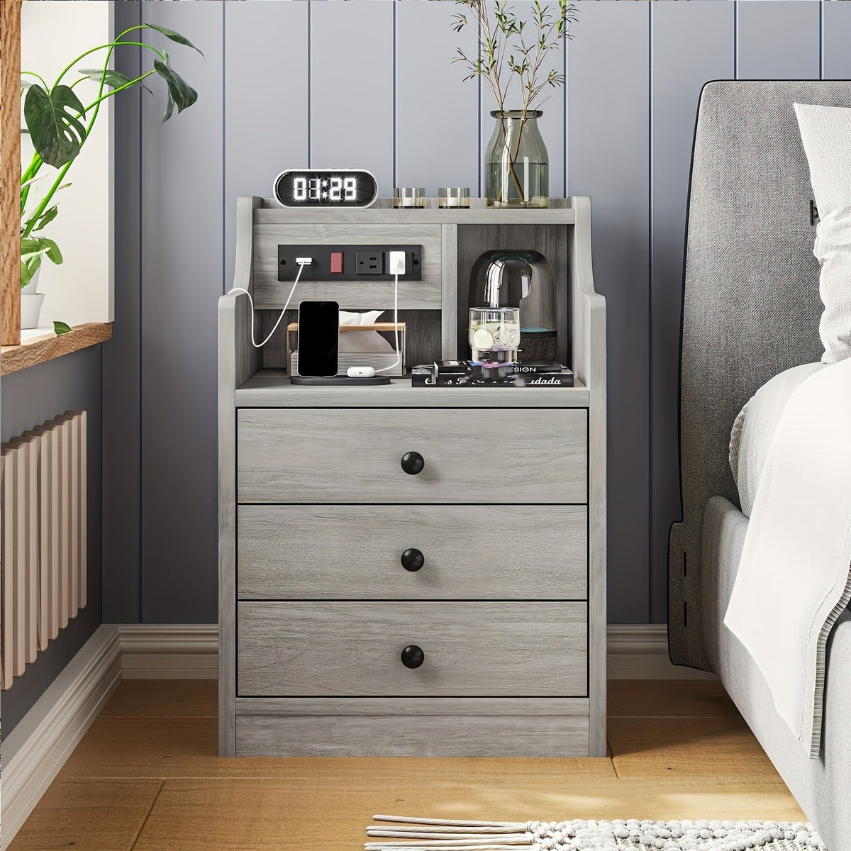 Nightstand with Charging Station 2 USB Ports 2 Outlets - 3 Drawers Hutch Bedroom End Table Sofa Side Table for Living Room Office Gray White 14x17.7x26.8 Inch