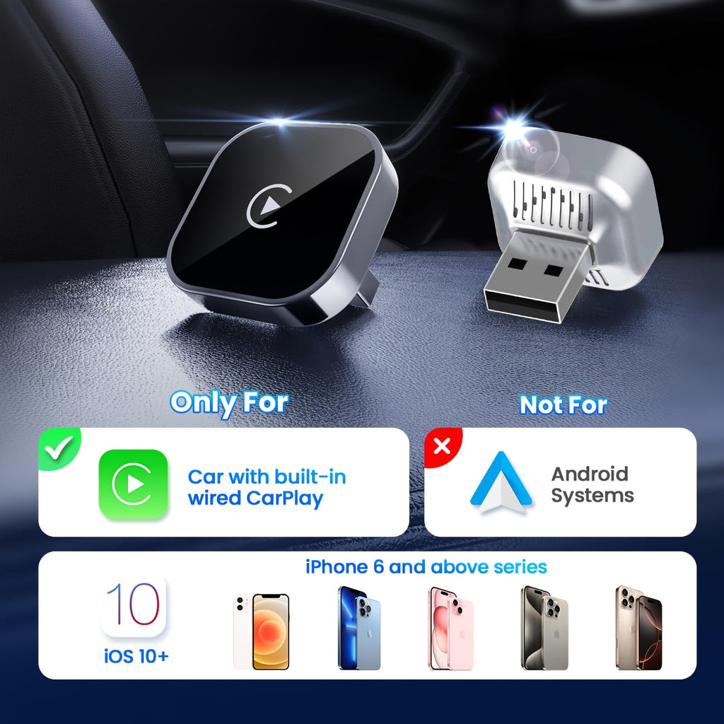 Wireless CarPlay Adapter 2026 Upgraded Mini Dongle 2-in-1 iPhone Android Auto Convert Wired to Wireless USB-A USB-C Dual-Band Low Latency Auto Connect FCC Certified