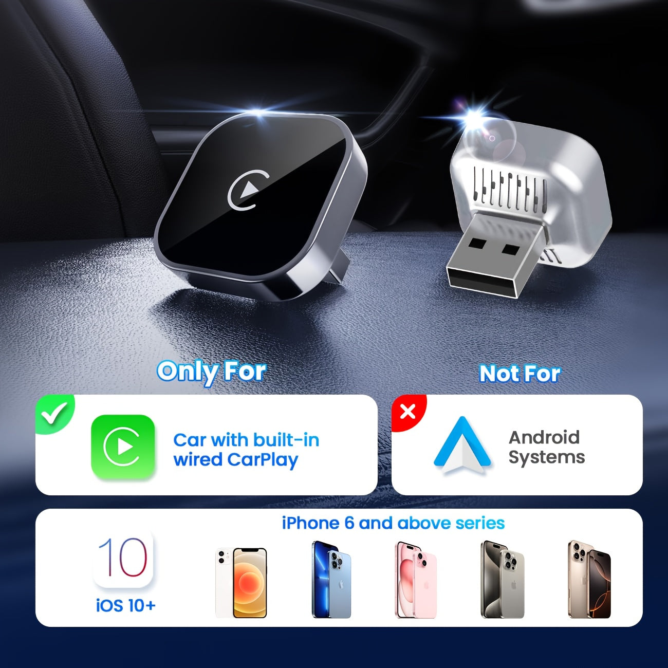 Wireless CarPlay Adapter 2026 Upgraded Mini Dongle 2-in-1 iPhone Android Auto Convert Wired to Wireless USB-A USB-C Dual-Band Low Latency Auto Connect FCC Certified