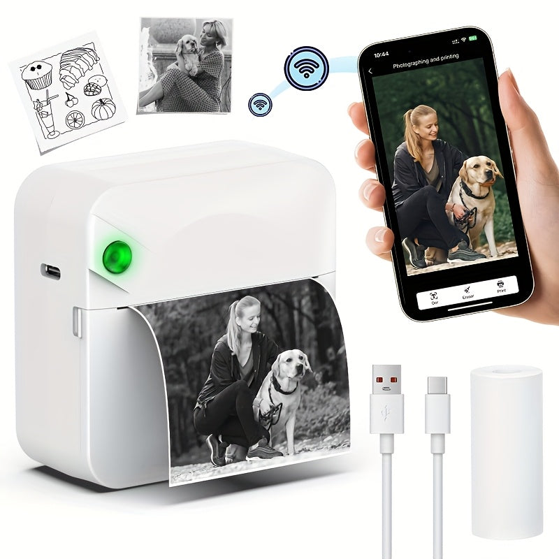 Mini Wireless Thermal Sticker Printer Inkless Portable Bluetooth Pocket Printer for Photos Diaries Notes Memos Labels Receipts Includes 1 Roll Thermal Paper Gift for Students Journalers