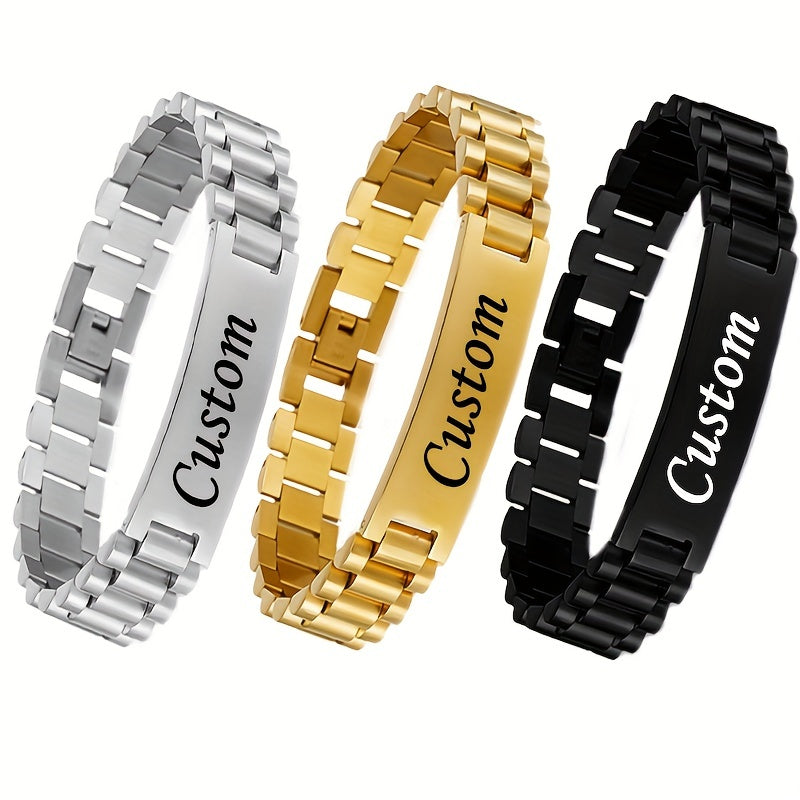 Men's Personalized Stainless Steel Bracelet Custom Letter Engraving Punk Style – 304L Hypoallergenic Wrist Jewelry 4 Colors Steel Gold Black, Birthday Father's Day Gift for Him Boyfriend Dad