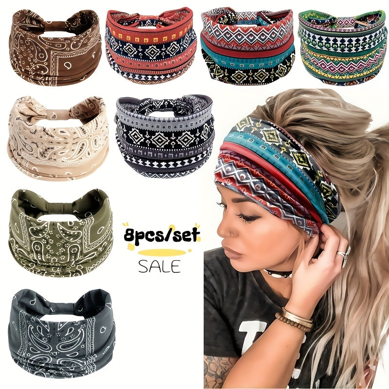 8pcs Wide African Turban Headbands for Women – Boho Paisley Anti-Slip Elastic Headwraps Moisture-Wicking 95% Polyester Sports Yoga Running Daily Wear Machine Washable Hair Accessories Gift Set