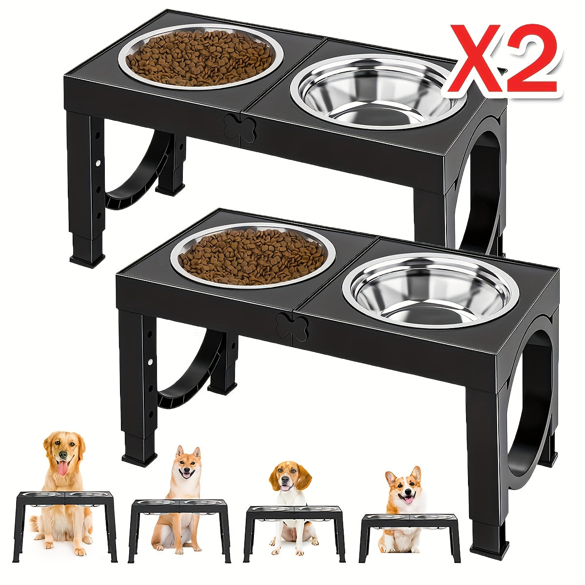 Elevated Dog Bowls Foldable Raised Feeder Stand 2 Stainless Steel Bowls Adjustable 5 Heights Non-Slip Portable – Dog Food Water Bowl for Small Medium Large Dogs & Cats, 2-Pack