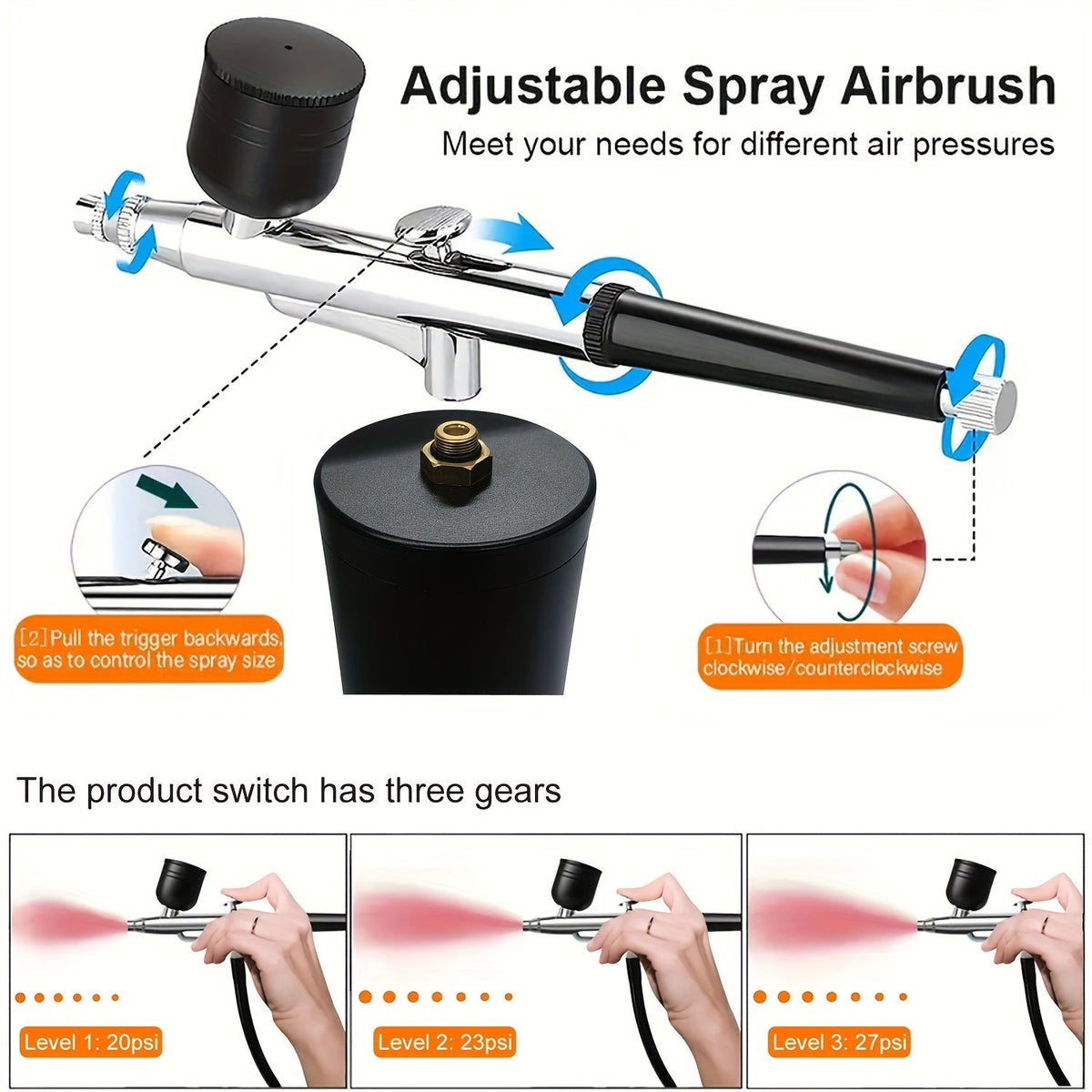 Rechargeable Cordless Airbrush Kit 0.3mm Nozzle 3-Speed Pressure Portable Airbrush Set for Makeup Nail Art Cake Decorating Model Painting Body Art USB-C Charging