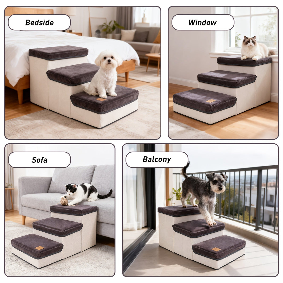3-Tier Foldable Dog Stairs for Small Dogs Non-Slip Nylon Pet Ramp for High Beds Sofas Compact Foldable Brown White Includes Bonus Plush Toy