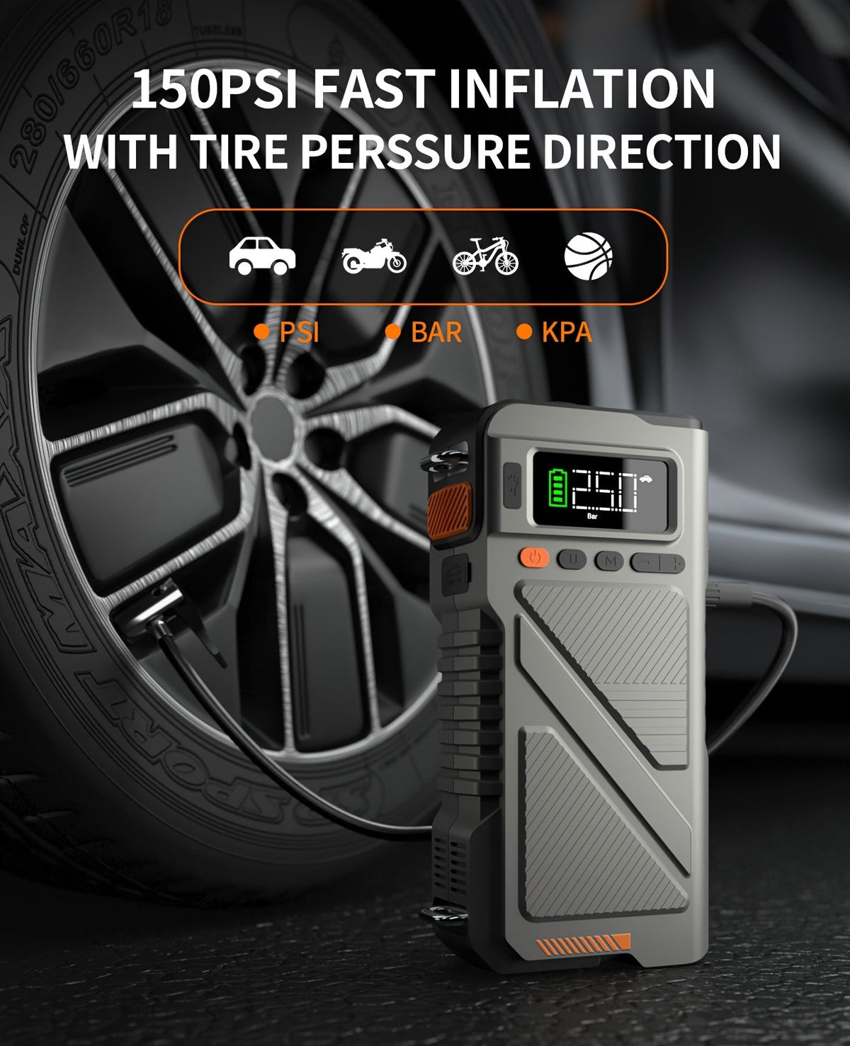 6000A/9000A Portable Jump Starter with 150 PSI Air Compressor – 7-in-1 Jump Box with Digital Tire Inflator & Battery Pack for Gas (10L) & Diesel (9.0L) Engines, Car Jumper Starter with USB Ports