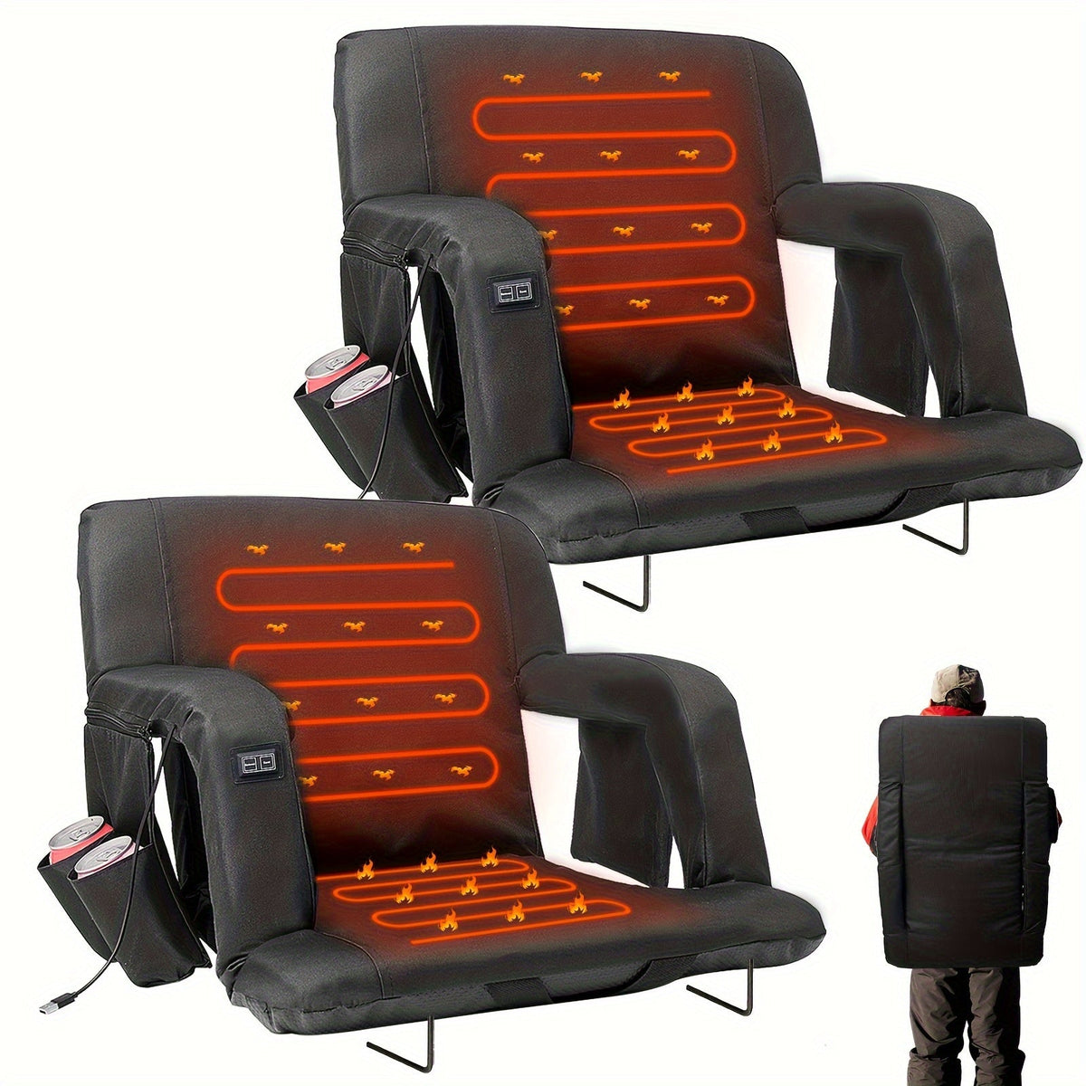 LILYPELLE Double Heated Stadium Seat with Back & Arm Support – Portable Bleacher Seat with 6 Reclining Positions, USB Heated Cushion for Sports Events, Outdoor Games, Travel & Hiking (Power Bank Not Included)