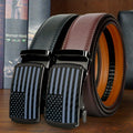 Set of 2 Men's Split Leather Ratchet Belts – American Flag Design with Automatic Slide Alloy Buckle, Adjustable Golf & Casual Dress Belts in Black & Brown, Sizes 110cm to 130cm (Waist 30"-44")