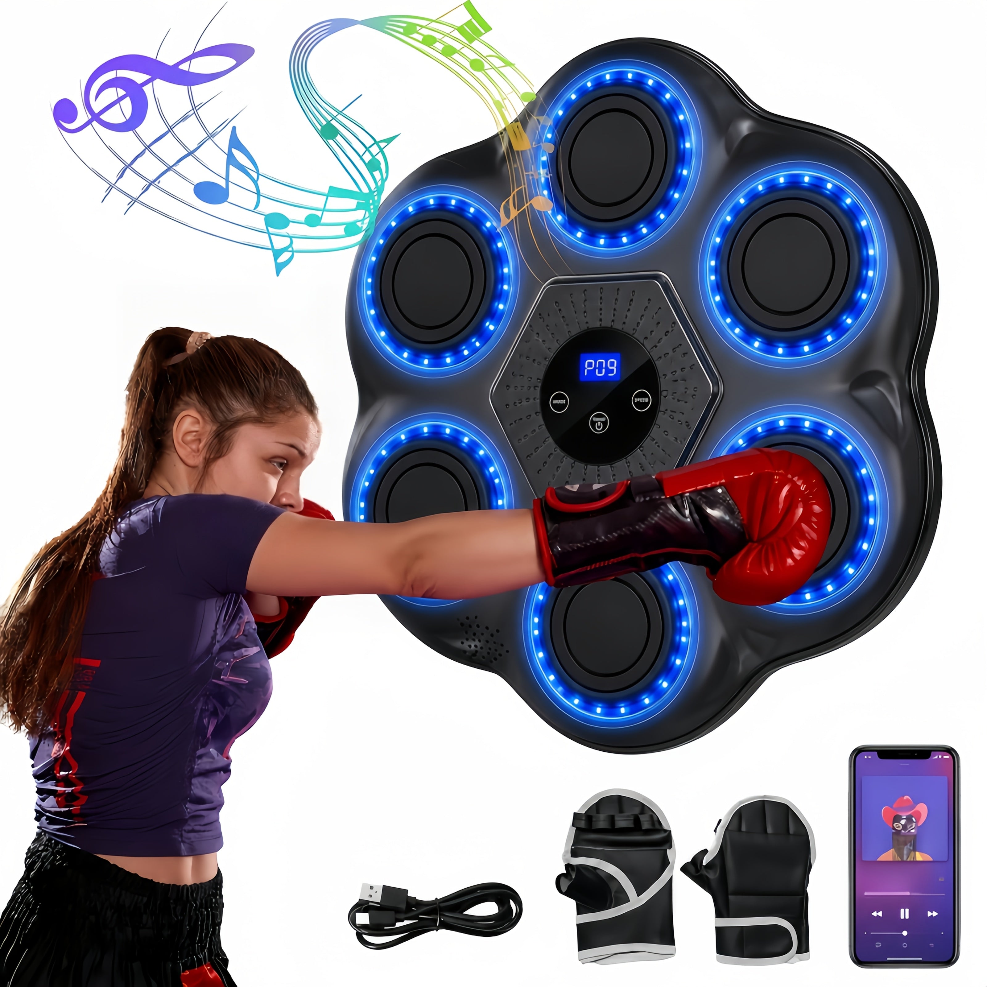 Wall Mounted Music Boxing Machine with LED Lights & Wireless Bluetooth – 6 Targets, 9 Modes, 18 Speed Levels, Intelligent Hit Counter, No-Drill Adjustable Mount, Home Gym Punching Trainer with Free Boxing Gloves