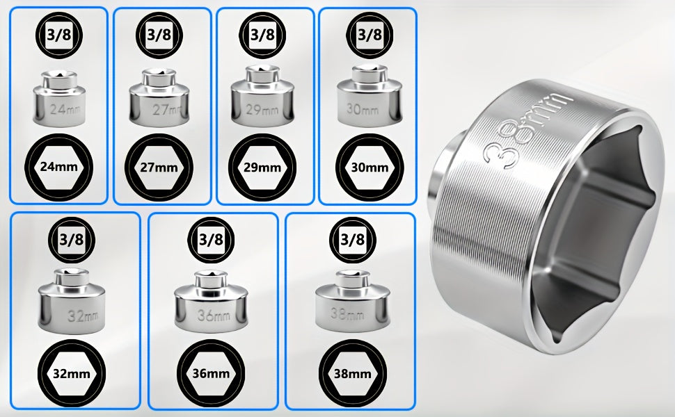 7 Piece Oil Filter Socket Wrench Set 3 8 Inch Drive CR-V Steel 24mm 27mm 29mm 30mm 32mm 36mm 38mm Universal Oil Filter Removal Tool Kit for DIY Car Oil Changes Mechanic Home Garage
