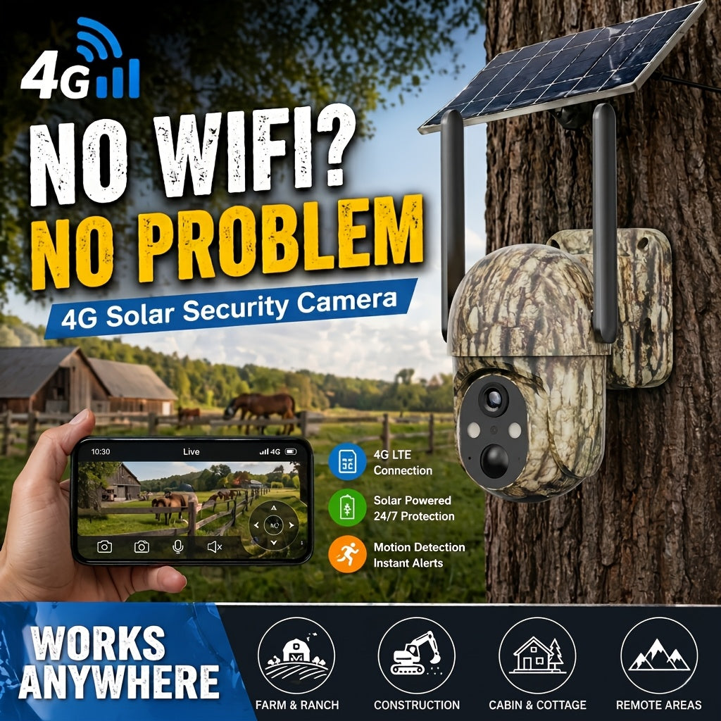 4G LTE Solar Security Camera Outdoor Wireless – No WiFi Needed, 4K Night Vision, 360° Pan/Tilt Live View, Two-Way Audio, Waterproof Trail Camera for Hunting, Farm, Ranch & Wildlife Monitoring