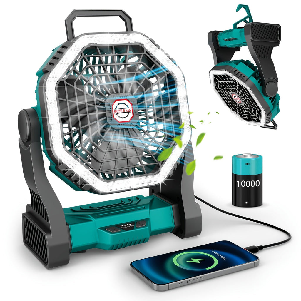 Rechargeable Portable Camping Fan with LED Light & Hanging Rope - 4-Speed USB Battery Powered Tent Fan for Outdoor Travel Indoor Home